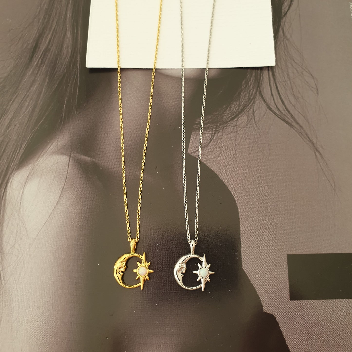 Crescent Moon Opal Burst Hollow Disc Necklace