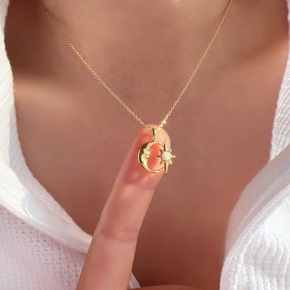 Crescent Moon Opal Burst Hollow Disc Necklace