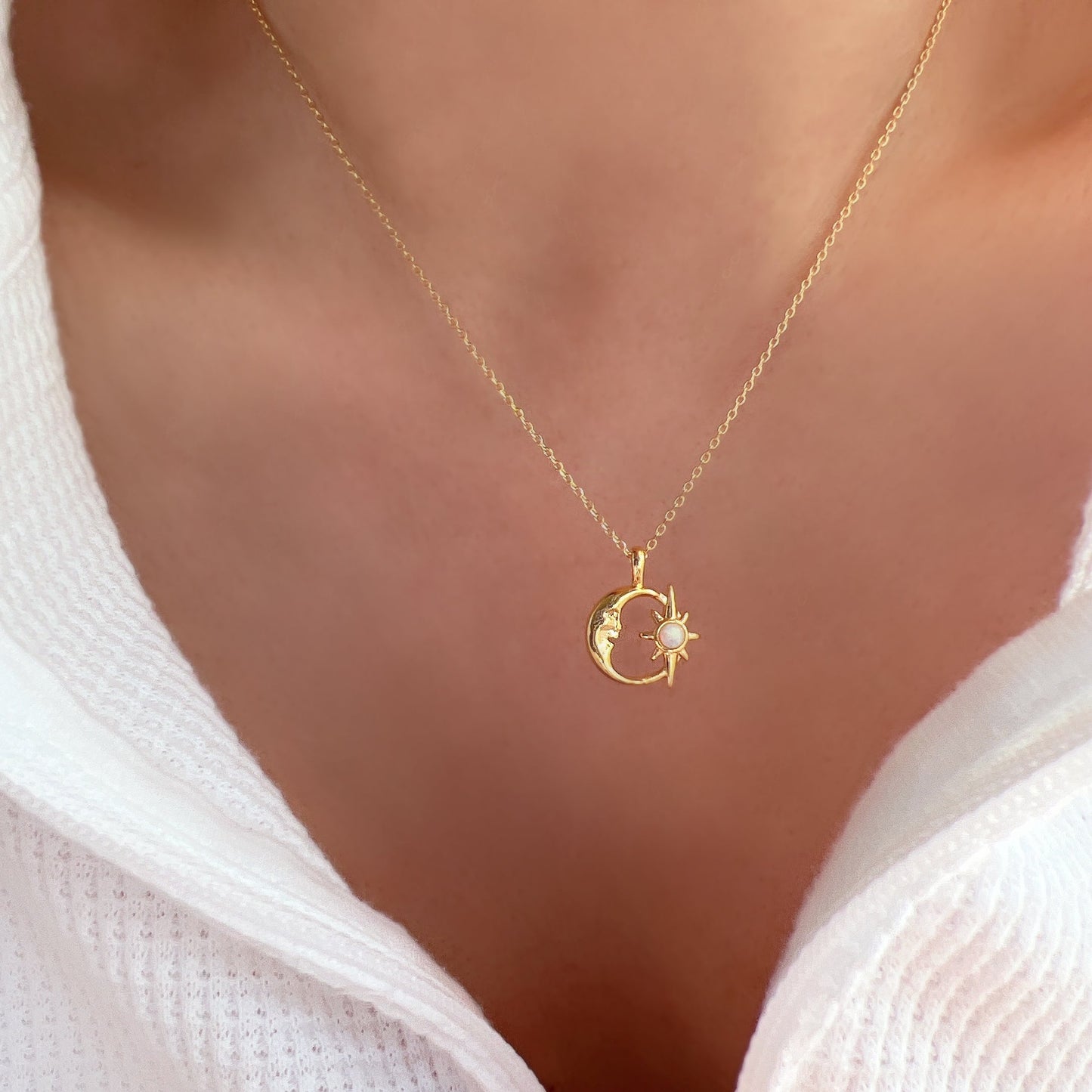 Crescent Moon Opal Burst Hollow Disc Necklace
