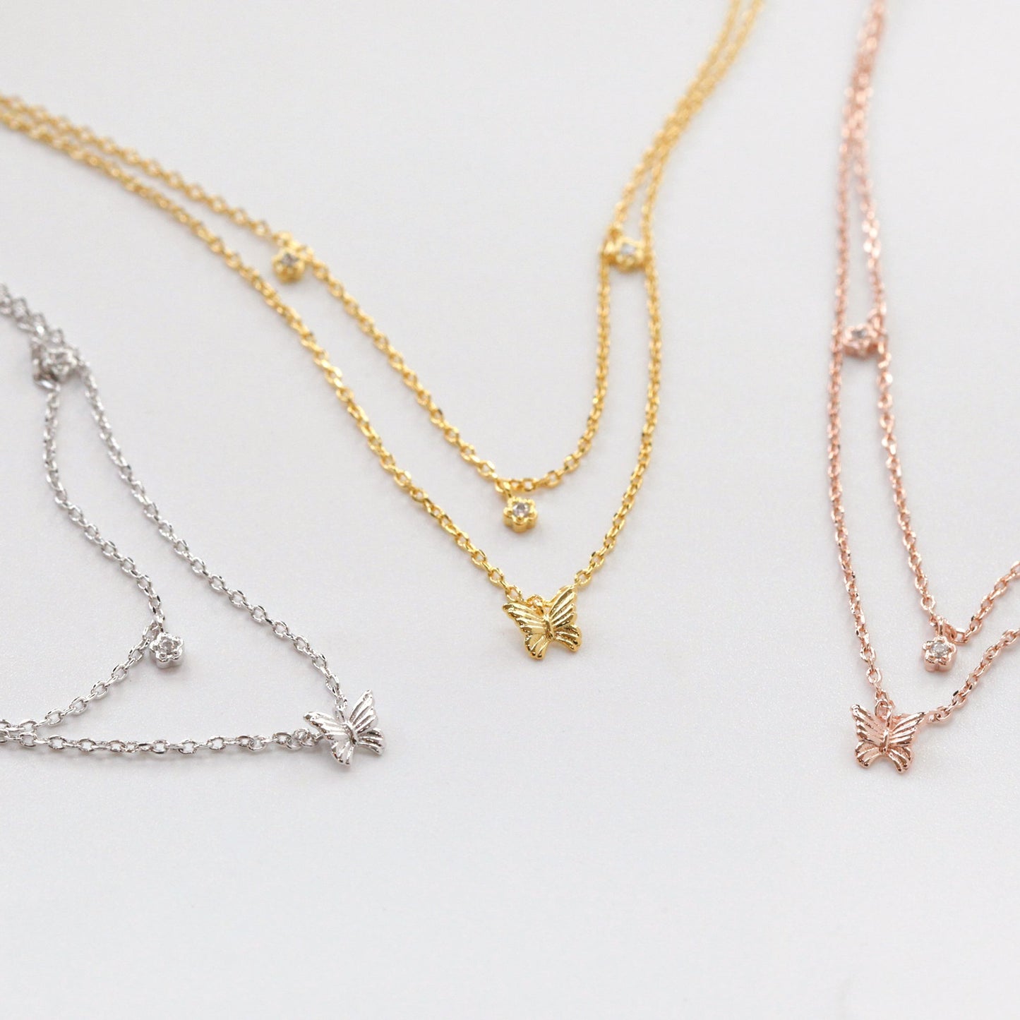 Layered Necklace Set Butterfly CZ Tiny Charm