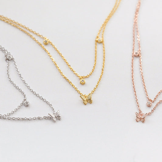 Layered Necklace Set Butterfly CZ Tiny Charm