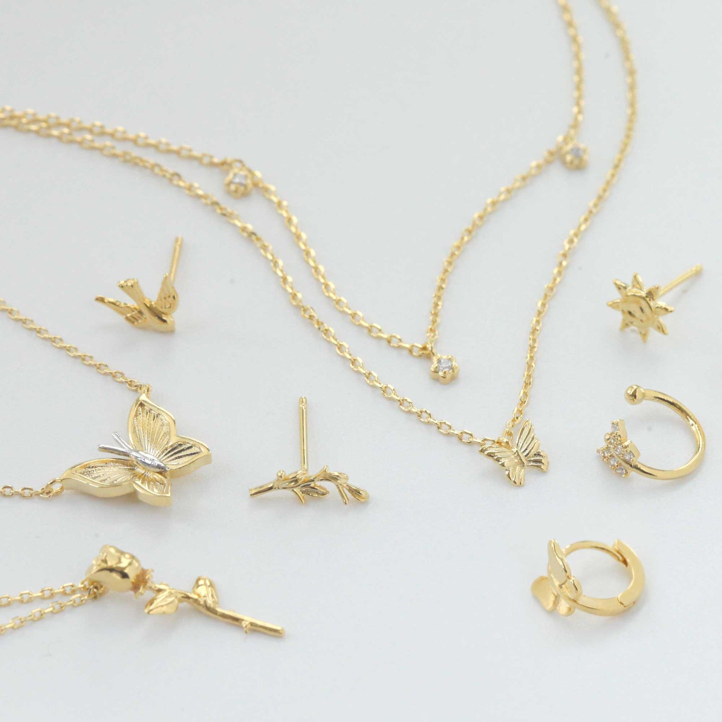 Layered Necklace Set Butterfly CZ Tiny Charm