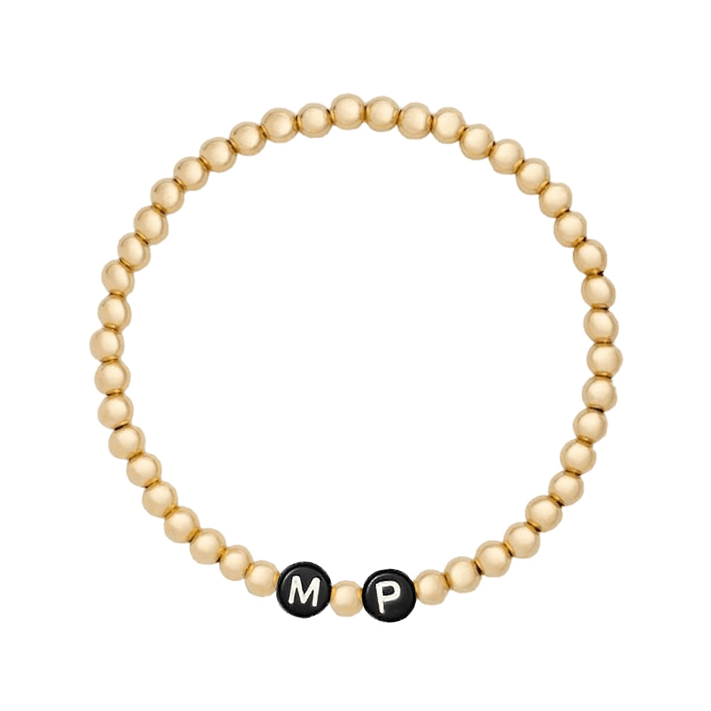 Custom / Gold Filled Beaded Bracelet 4mm Black Bead White Letter
