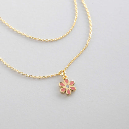 Mini Color Flower Charm 2 Chains Layered Set Necklace