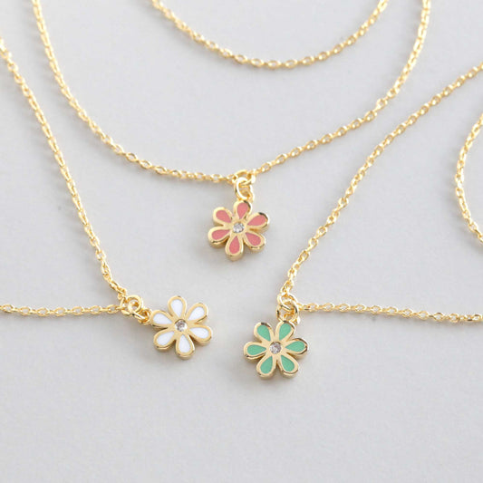 Mini Color Flower Charm 2 Chains Layered Set Necklace