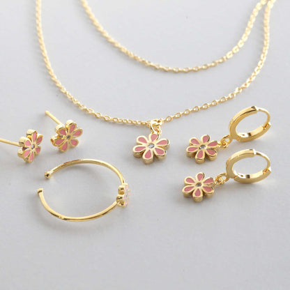 Mini Color Flower Charm 2 Chains Layered Set Necklace