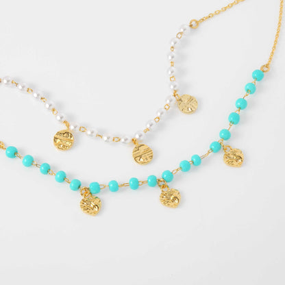 Pearl Bead Ball Gold Disc Charm Long Chain Necklace