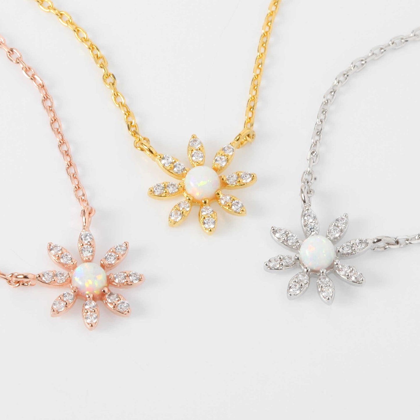 Flower CZ Charm Opal Stud Necklace