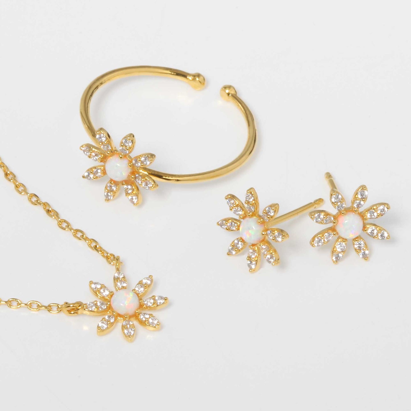 Flower CZ Charm Opal Stud Necklace