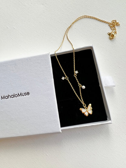 Butterfly Enamel CZ Stone Pearl Charm Necklace