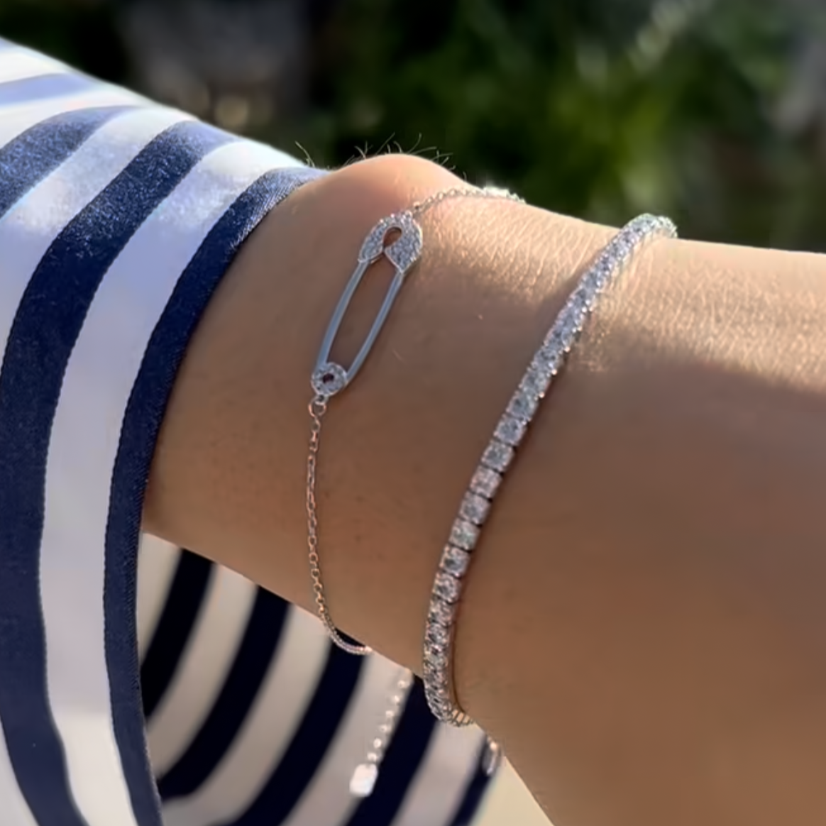 Safety Pin Cubic Zirconia CZ Charm Solid Silver Bracelet