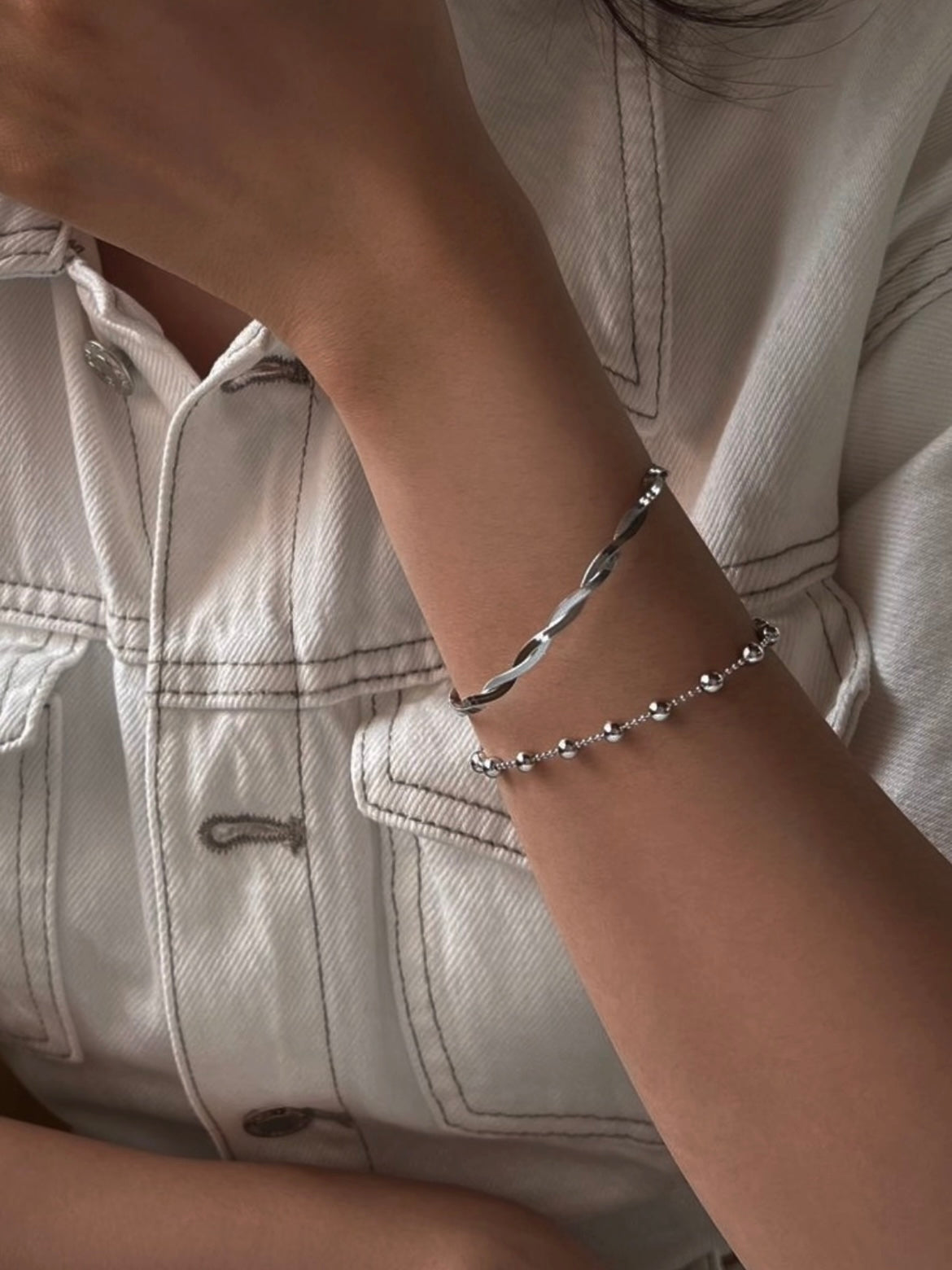 Ball Bead Station Solid 925 Silver 14k Gold Bracelet