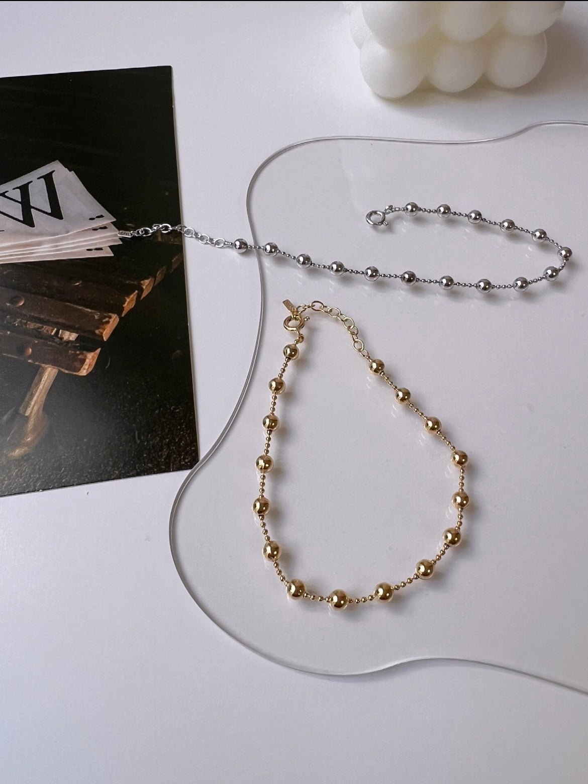 Ball Bead Station Solid 925 Silver 14k Gold Bracelet