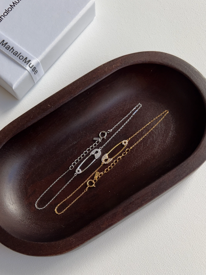 Safety Pin Cubic Zirconia CZ Charm Solid Silver Bracelet