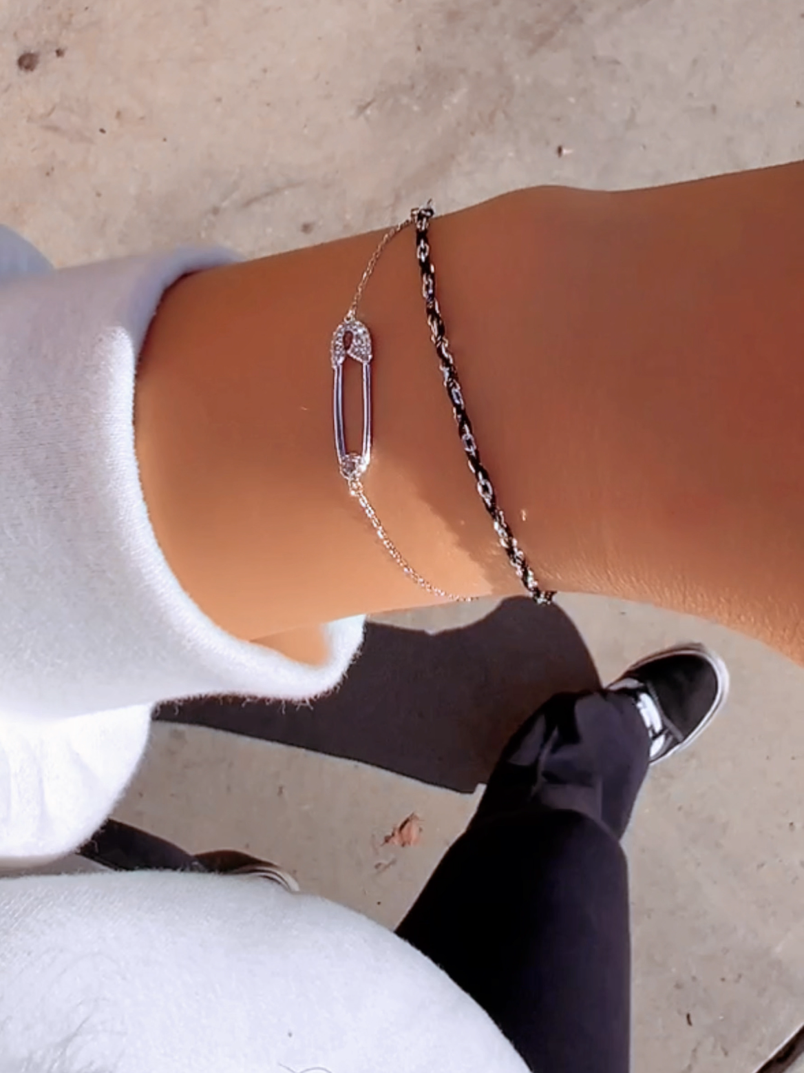 Safety Pin Cubic Zirconia CZ Charm Solid Silver Bracelet