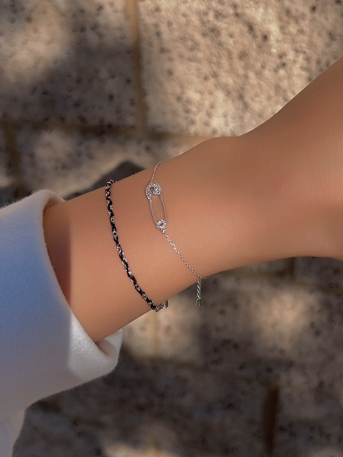 Safety Pin Cubic Zirconia CZ Charm Solid Silver Bracelet