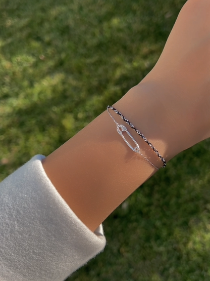 Safety Pin Cubic Zirconia CZ Charm Solid Silver Bracelet