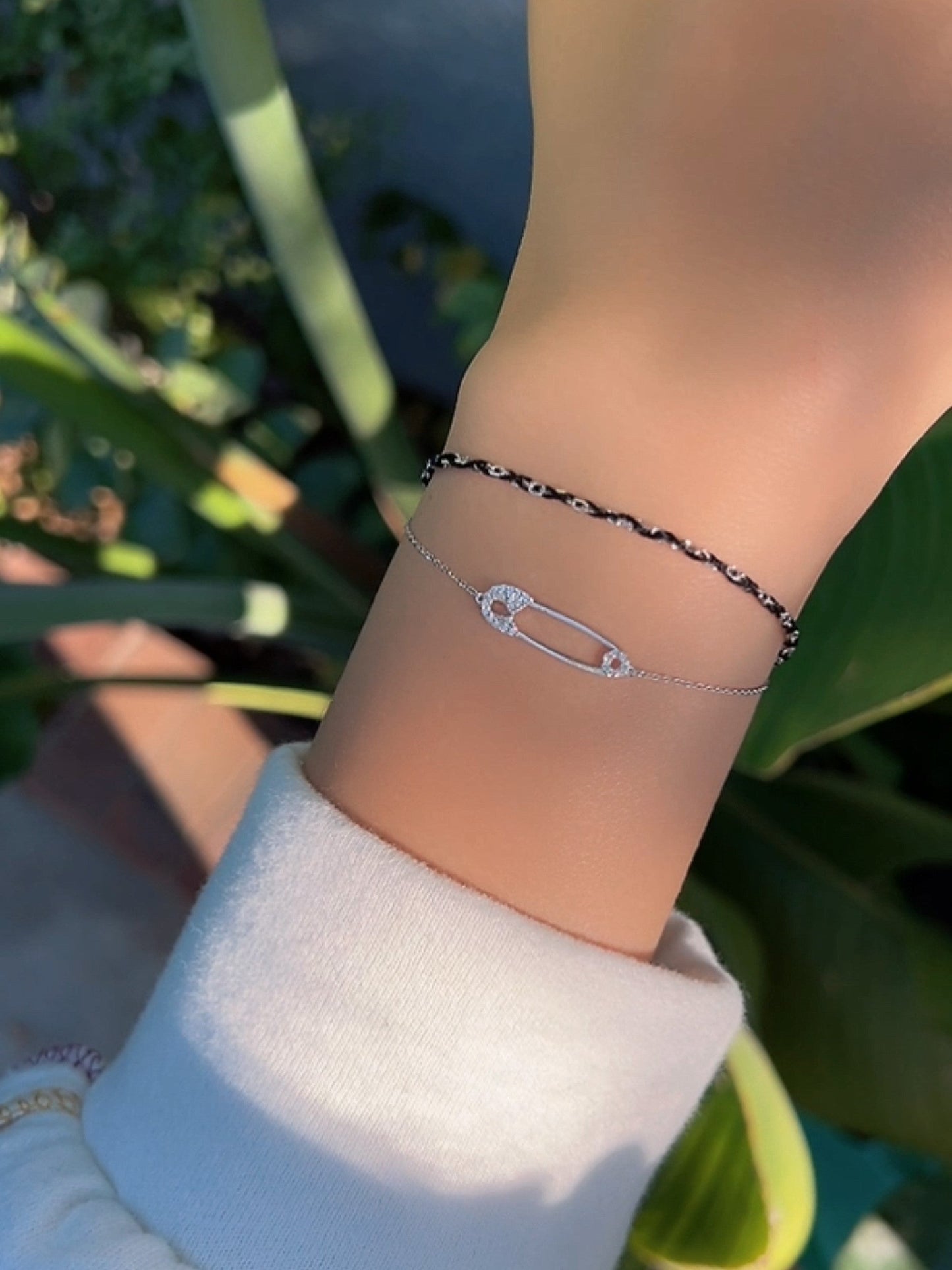 Safety Pin Cubic Zirconia CZ Charm Solid Silver Bracelet