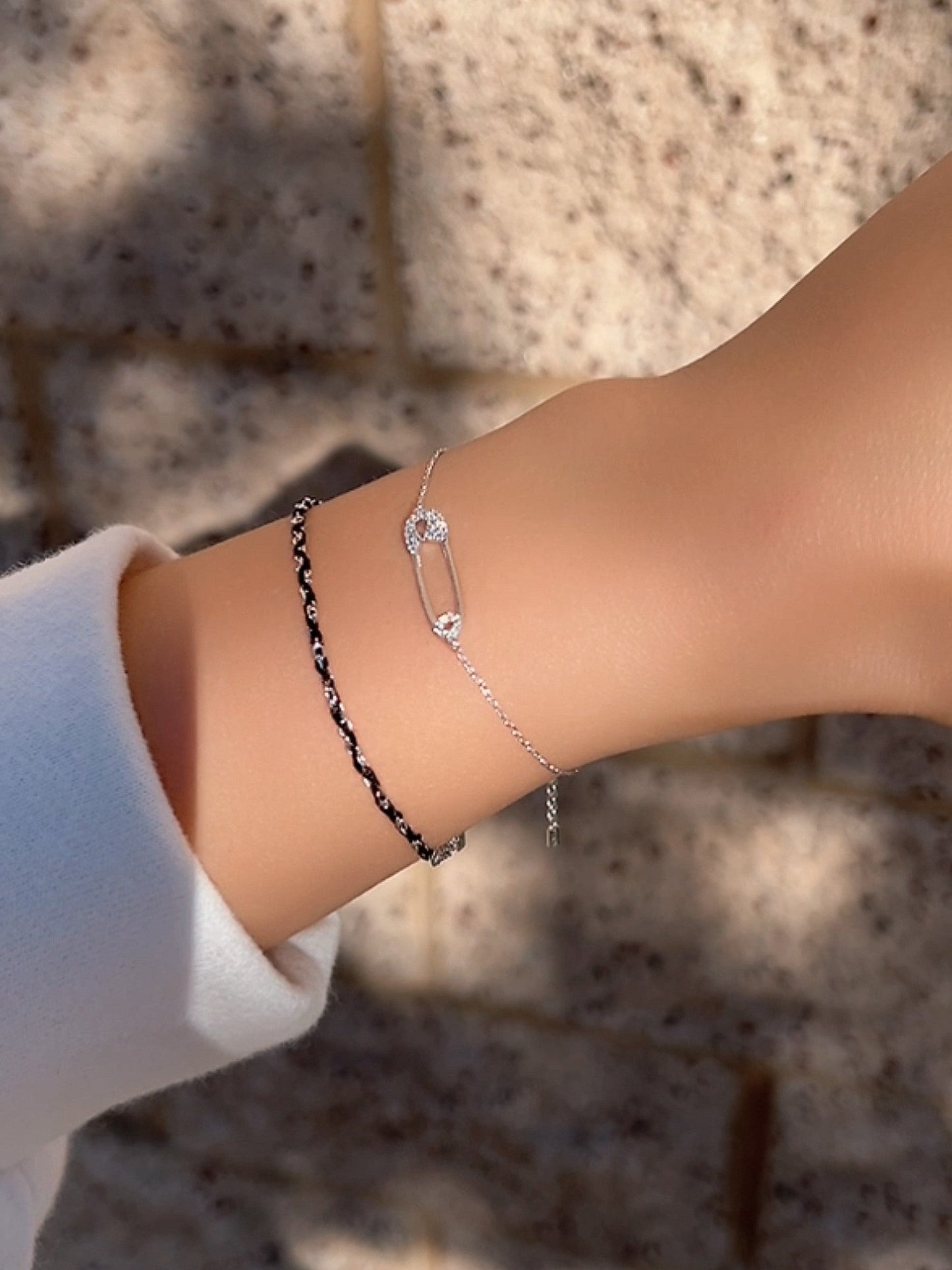 Safety Pin Cubic Zirconia CZ Charm Solid Silver Bracelet