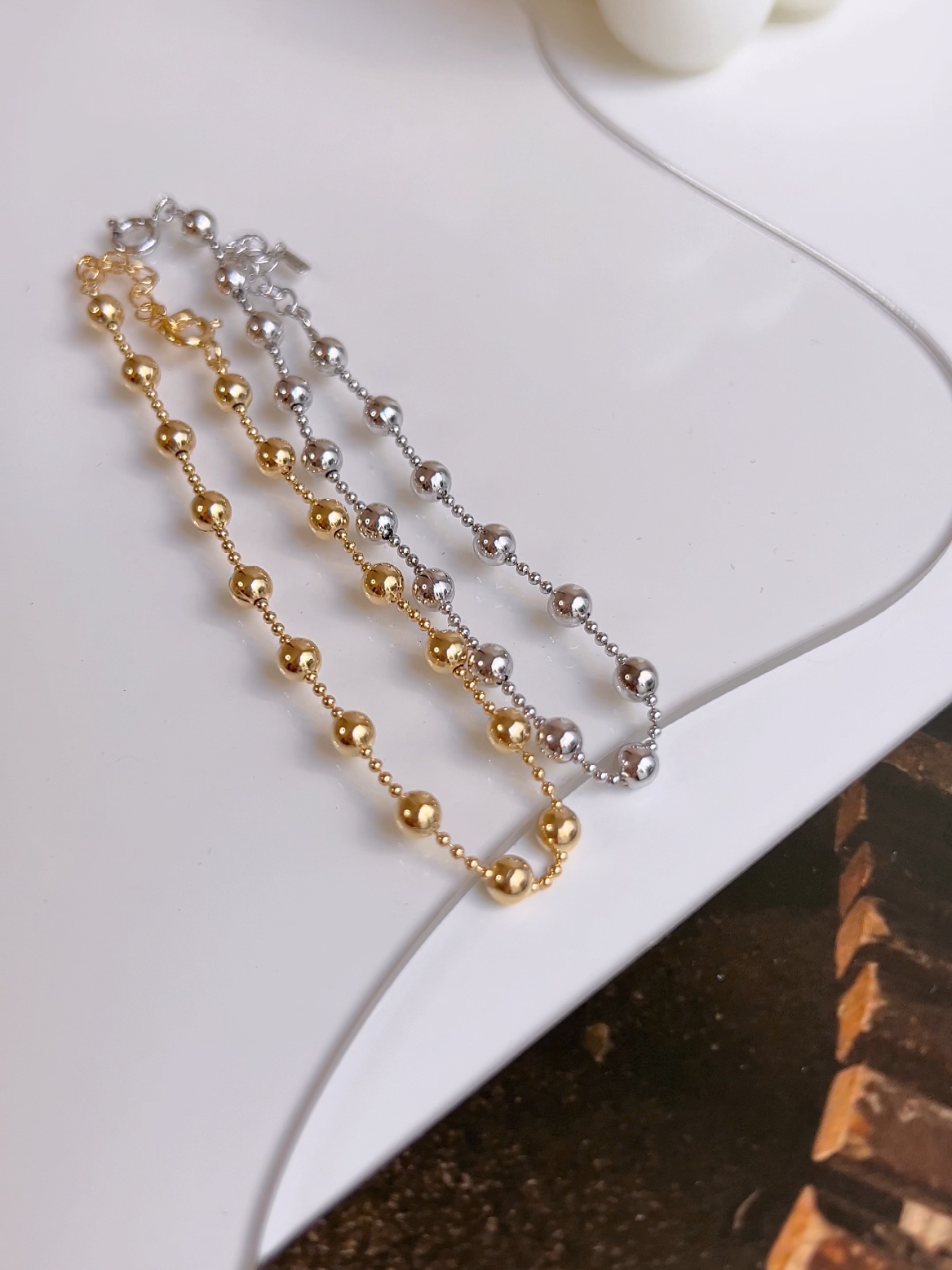 Ball Bead Station Solid 925 Silver 14k Gold Bracelet
