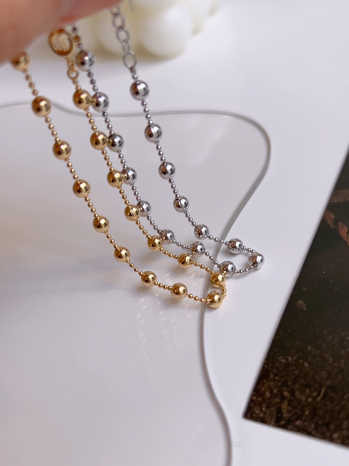Ball Bead Station Solid 925 Silver 14k Gold Bracelet
