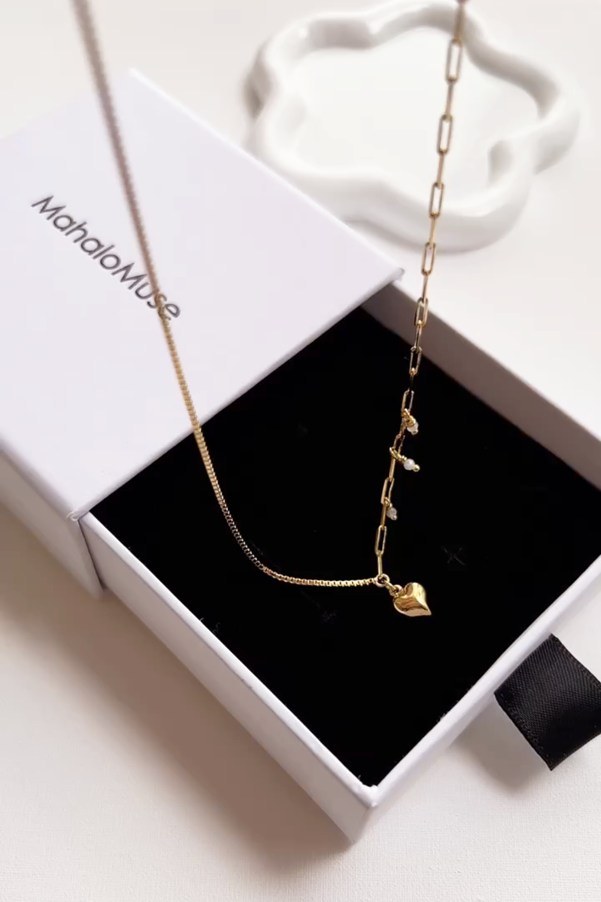 Half Box Chain Half Paperclip Chain Bold Heart Pendant Necklace
