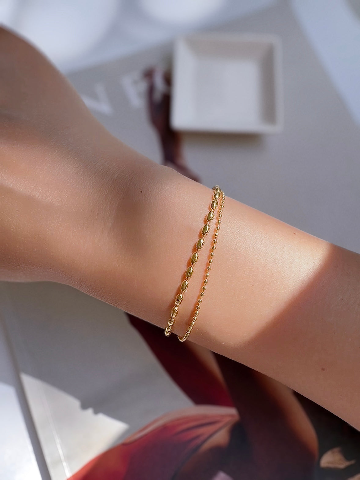 Oval Rice Bead Ball 2 Chain Set Bracelet