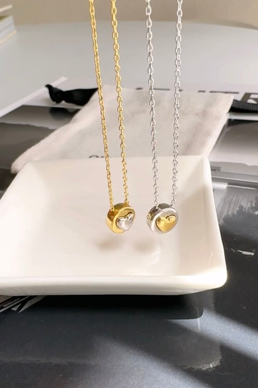 Two Tone Heart Tiny Disc Pendant Necklace