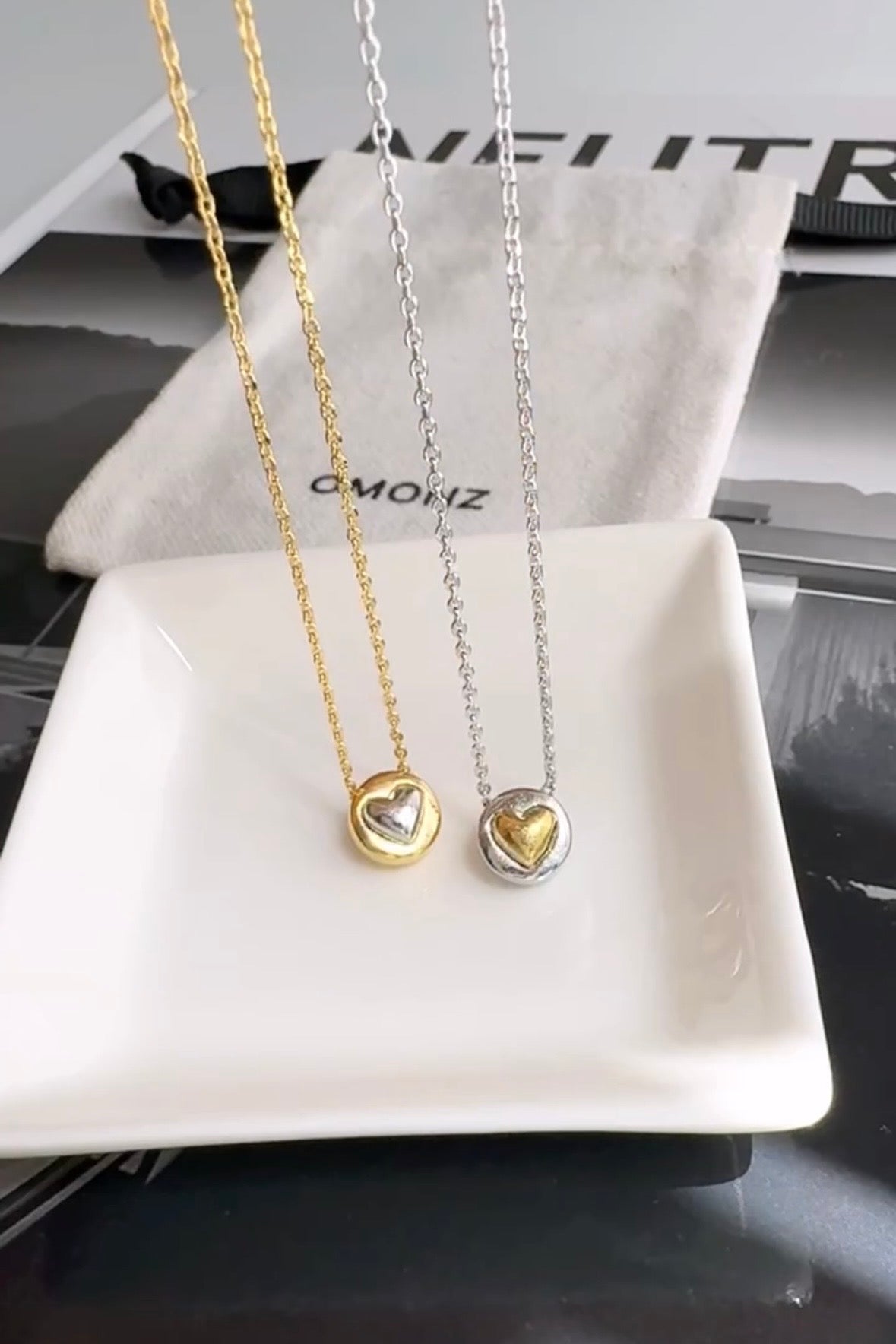 Two Tone Heart Tiny Disc Pendant Necklace