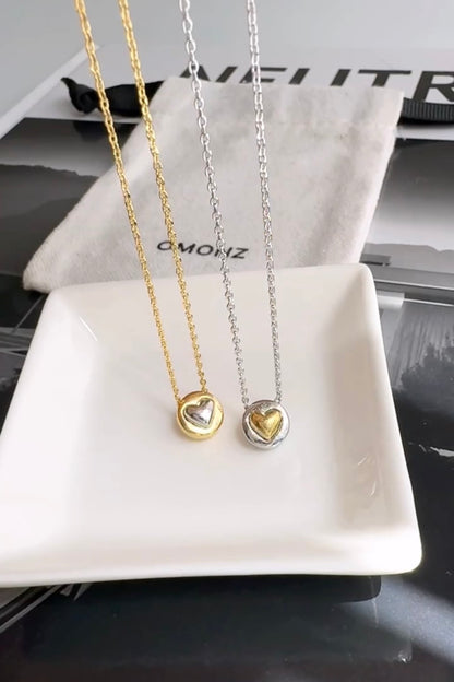 Two Tone Heart Tiny Disc Pendant Necklace