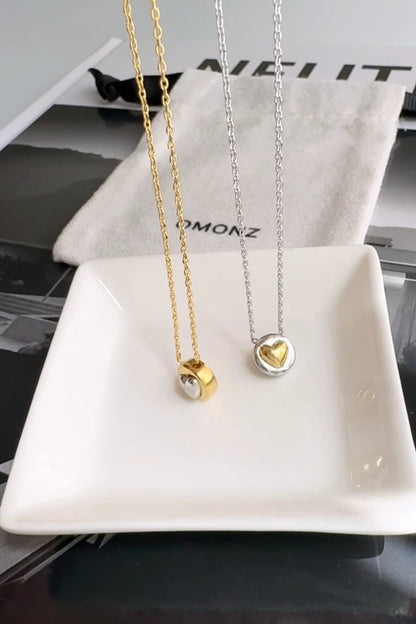 Two Tone Heart Tiny Disc Pendant Necklace