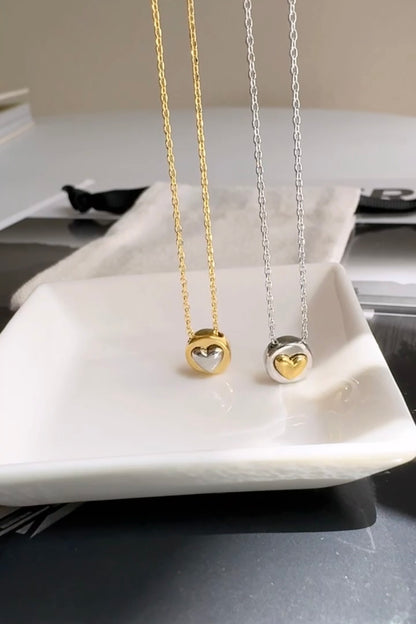 Two Tone Heart Tiny Disc Pendant Necklace