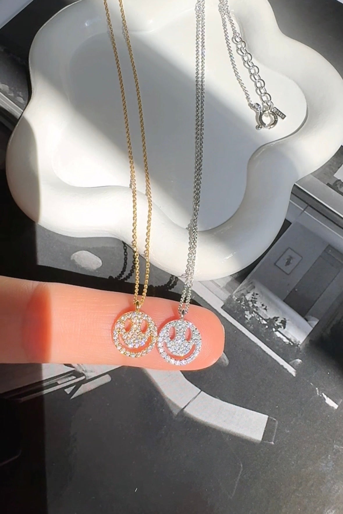 Smiley Face Cubic Zirconia Pace Necklace Solid 925 Silver