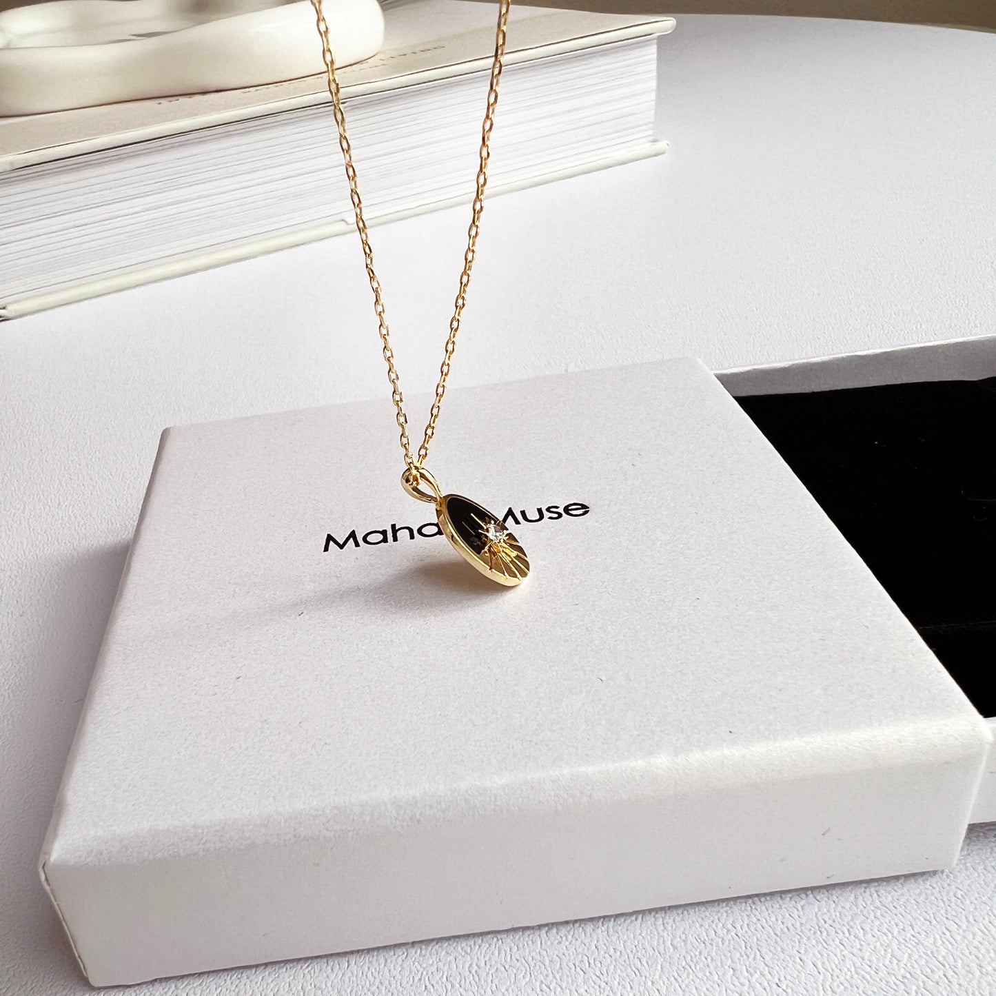 Oval Black CZ Enamel Pendant Necklace