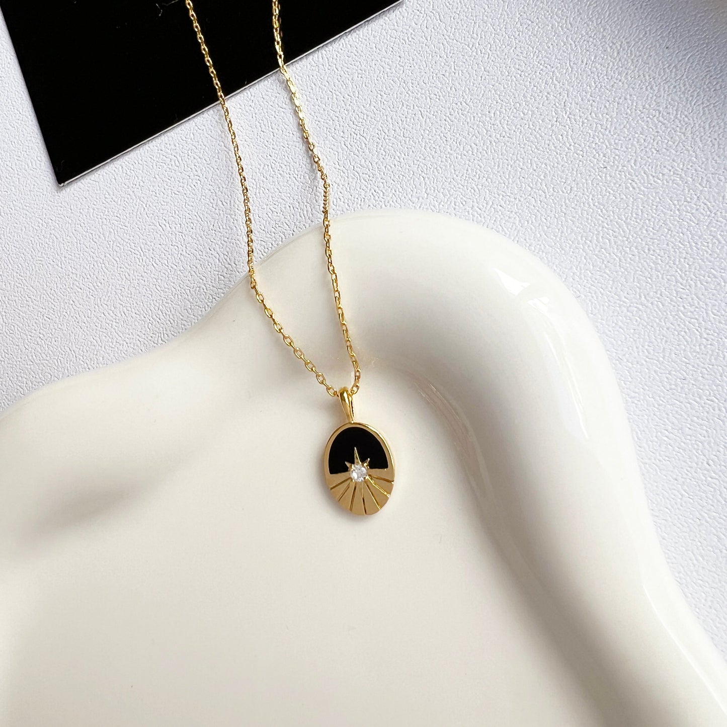Oval Black CZ Enamel Pendant Necklace