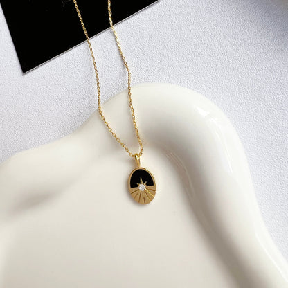 Oval Black CZ Enamel Pendant Necklace