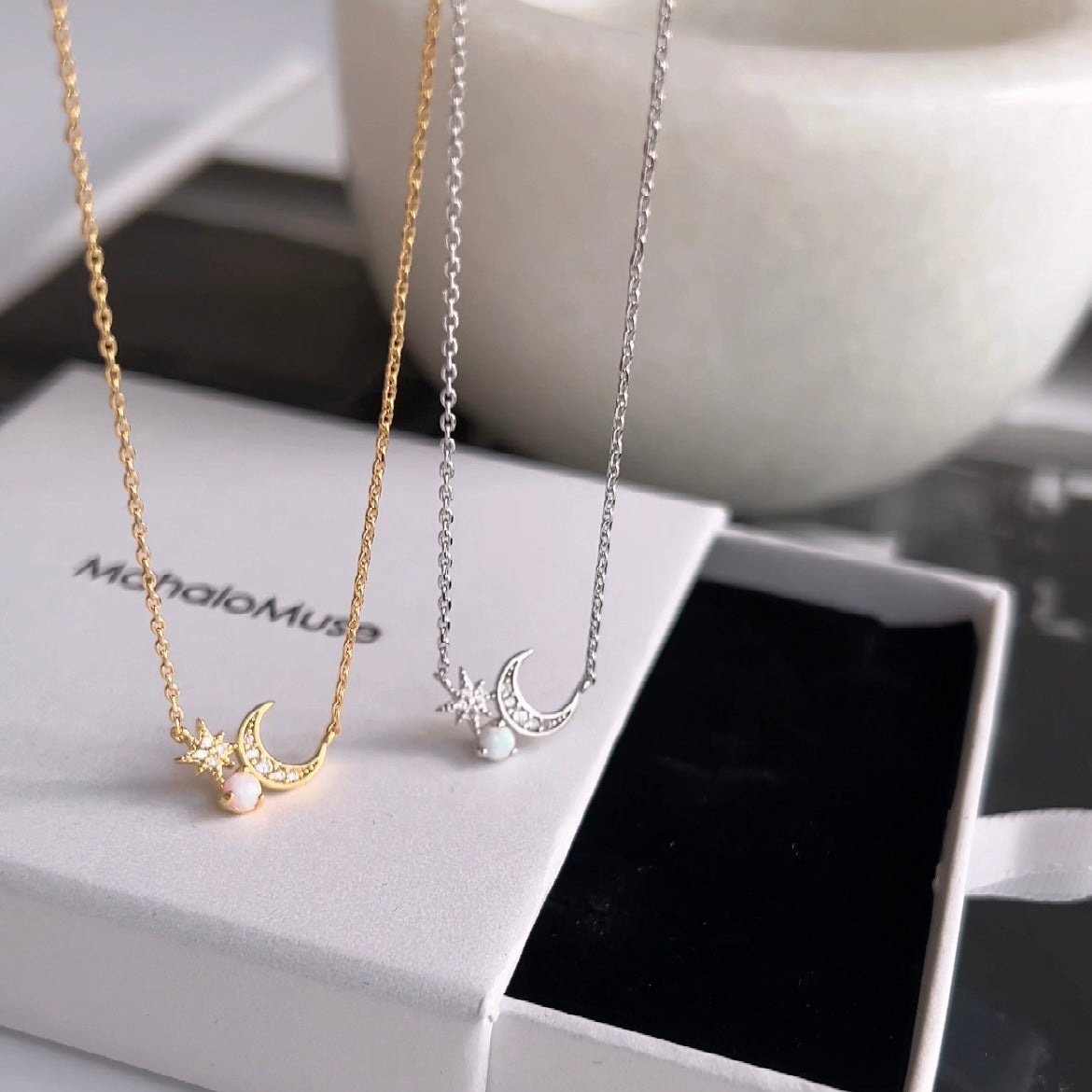 Moon Star Pearl Opal Stone Stud Necklace