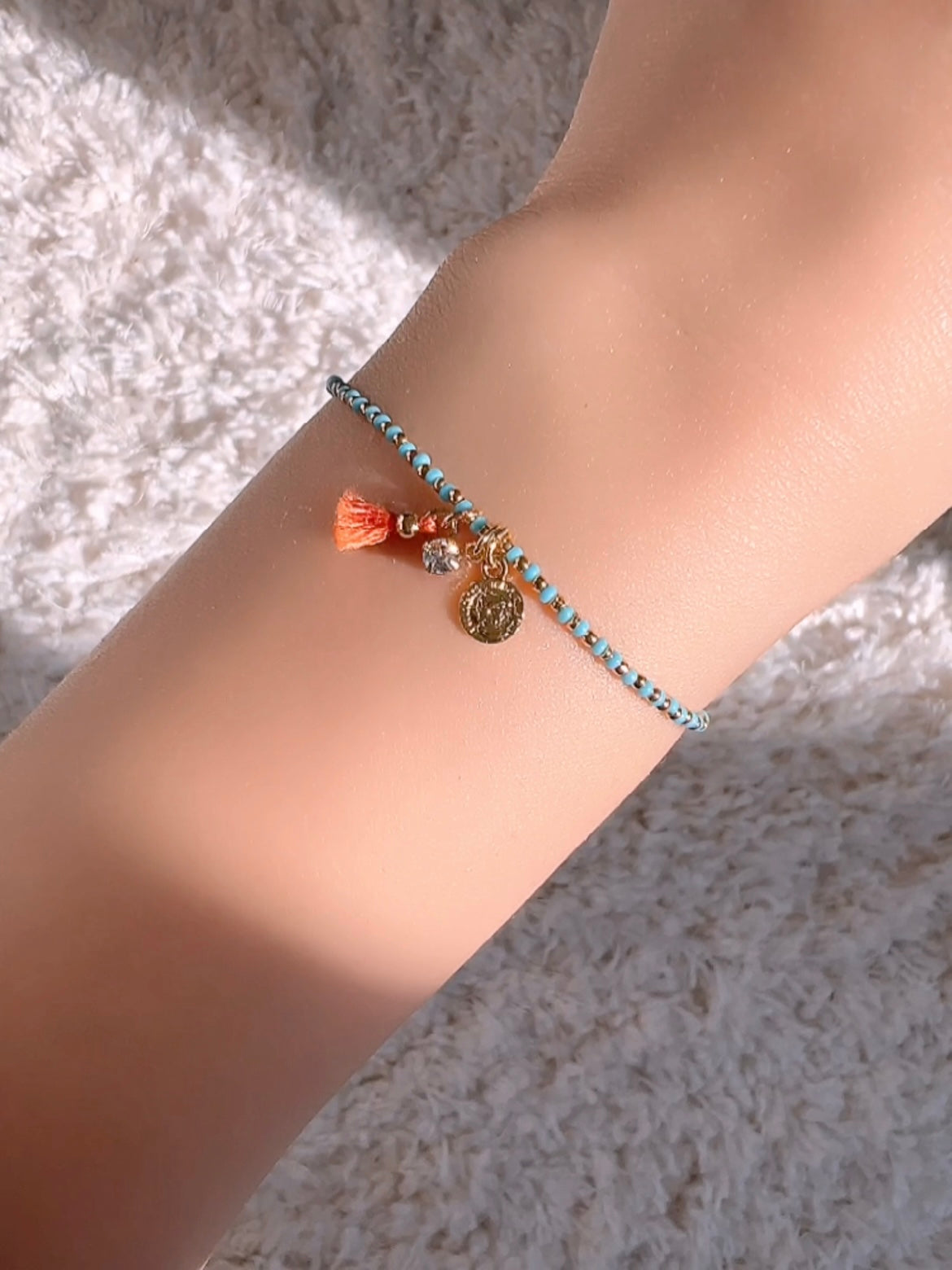 Seed Beaded Bracelet Tassel Tiny Coin Crystal Charm