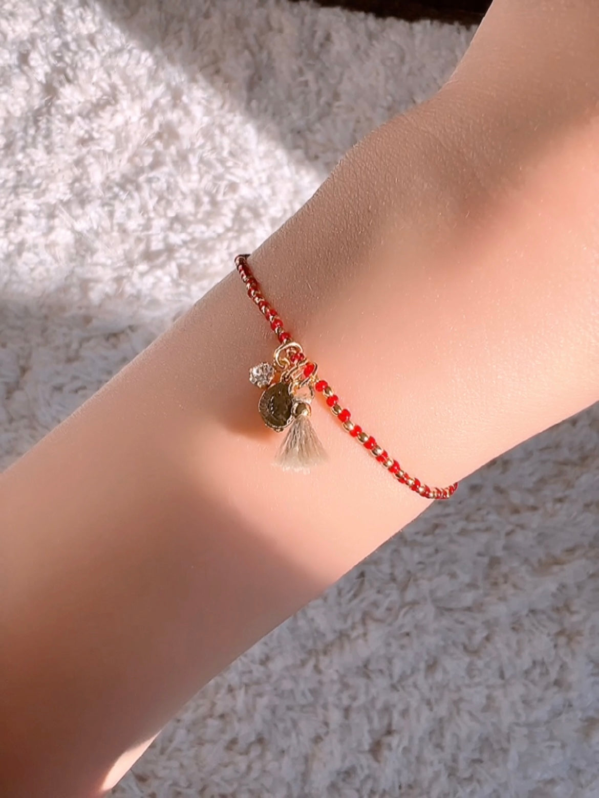 Seed Beaded Bracelet Tassel Tiny Coin Crystal Charm