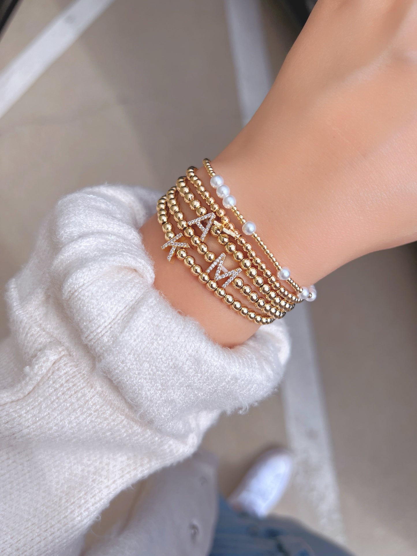Gold Ball Beaded Bracelet Initial Cubic Zirconia