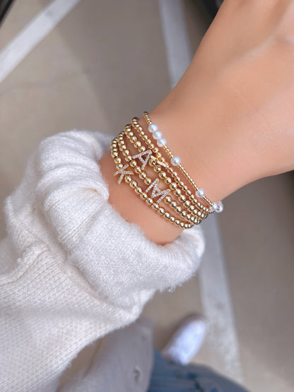 Gold Ball Beaded Bracelet Initial Cubic Zirconia