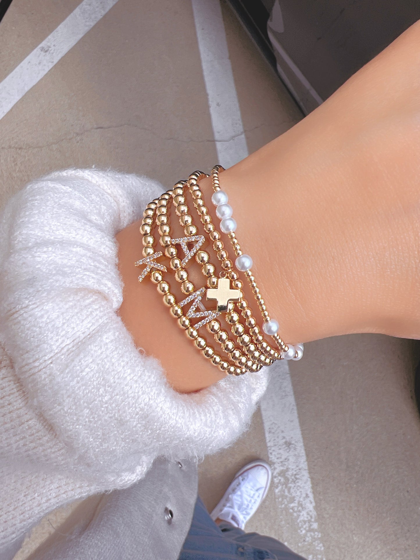 Gold Ball Beaded Bracelet Initial Cubic Zirconia