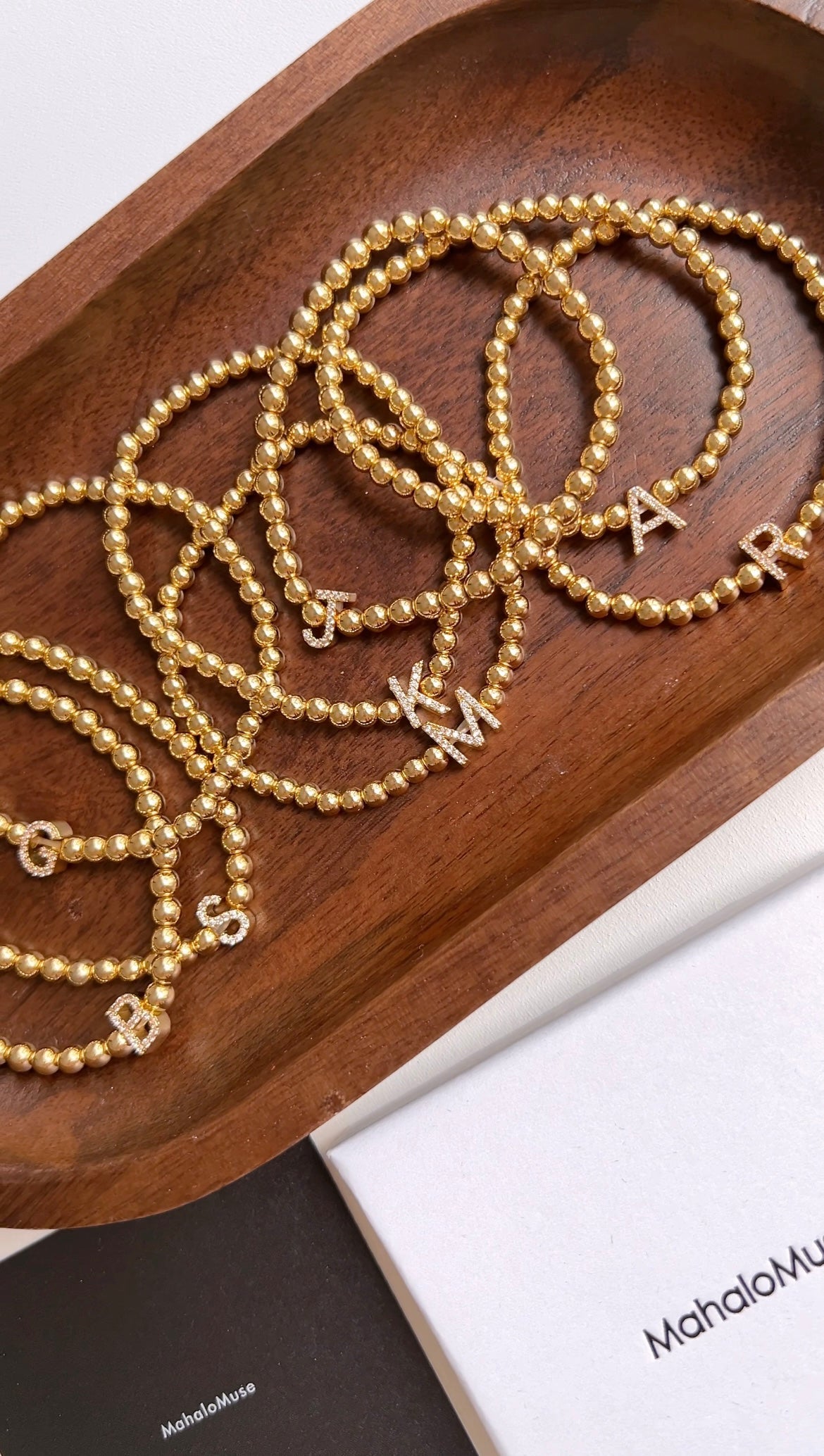 Gold Ball Beaded Bracelet Initial Cubic Zirconia