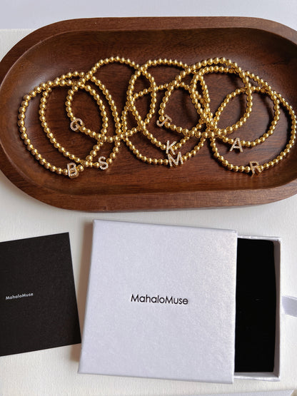 Gold Ball Beaded Bracelet Initial Cubic Zirconia