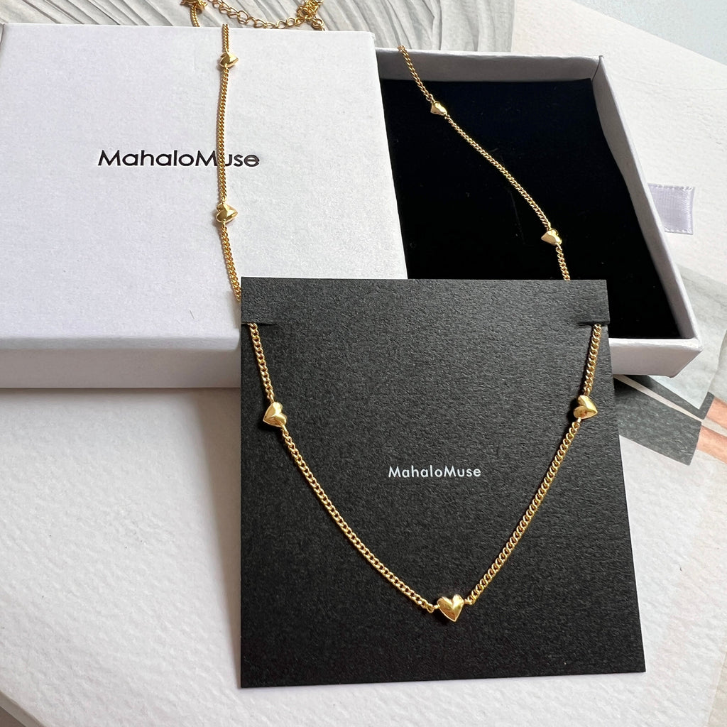 Mini Heart Station Vine Chain Necklace Solid Silver