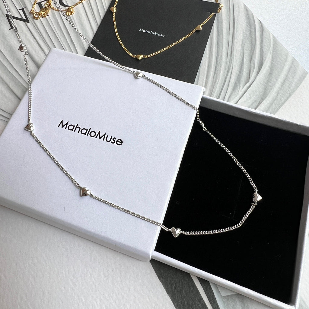 Mini Heart Station Vine Chain Necklace Solid Silver