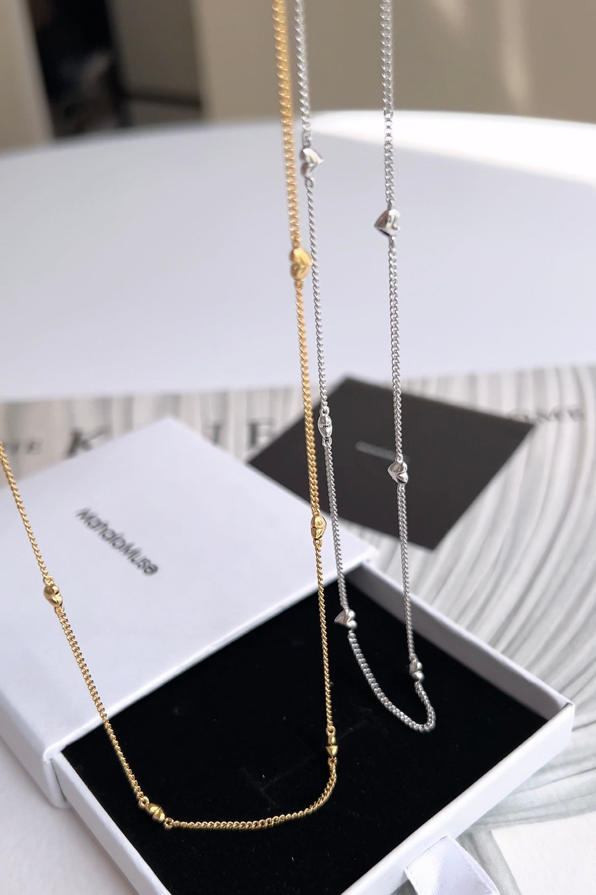 Mini Heart Station Vine Chain Necklace Solid Silver