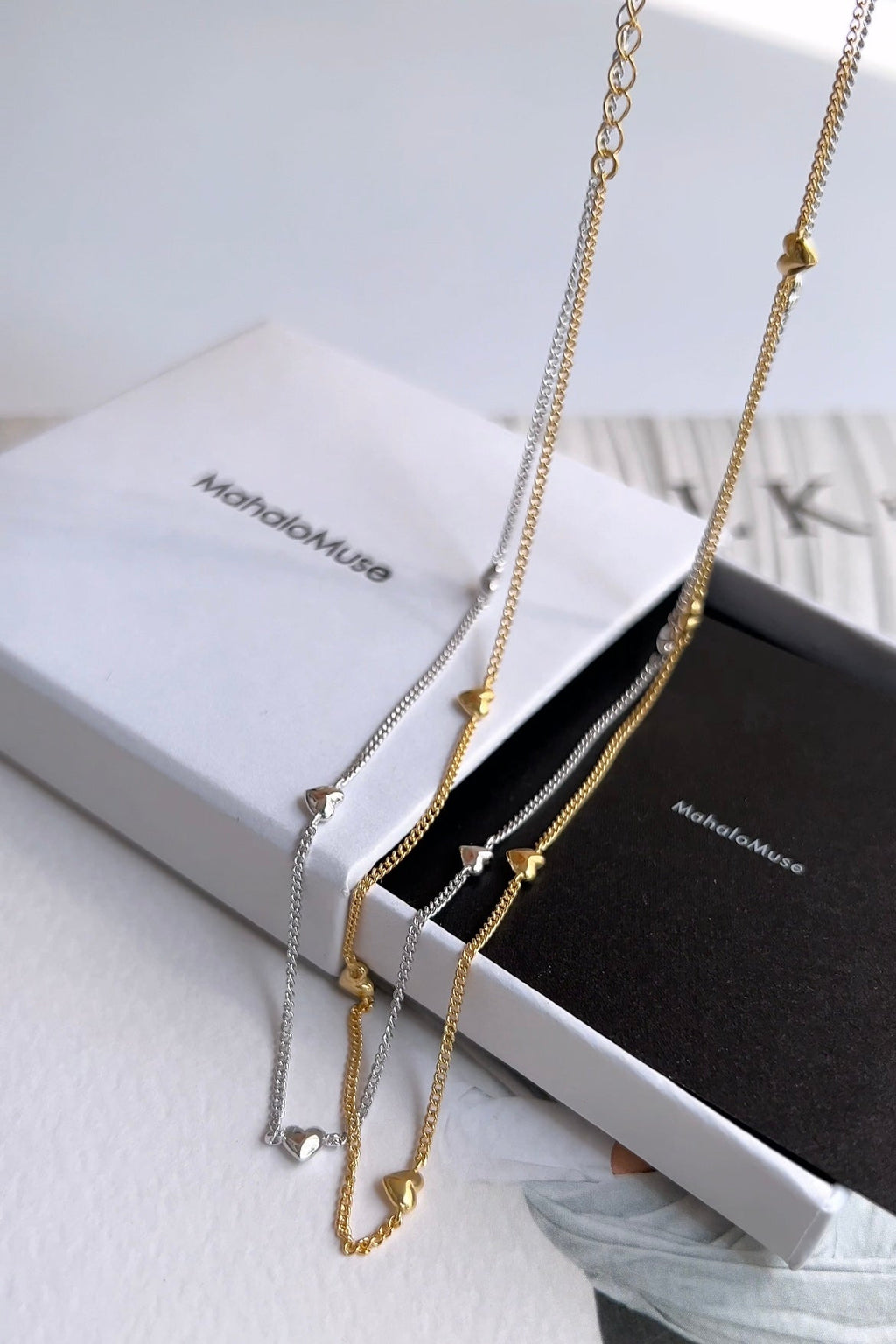 Mini Heart Station Vine Chain Necklace Solid Silver