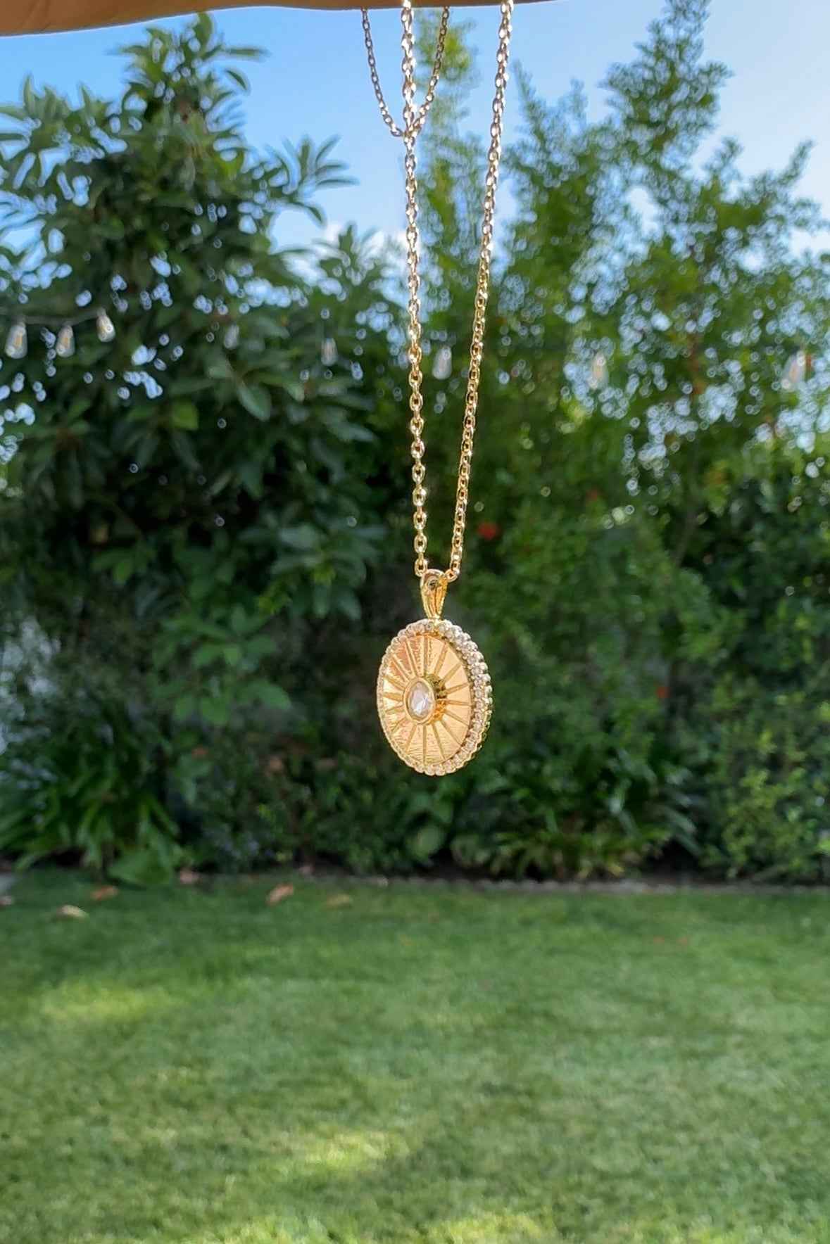 Oval Burst CZ Disc Pendant Necklace