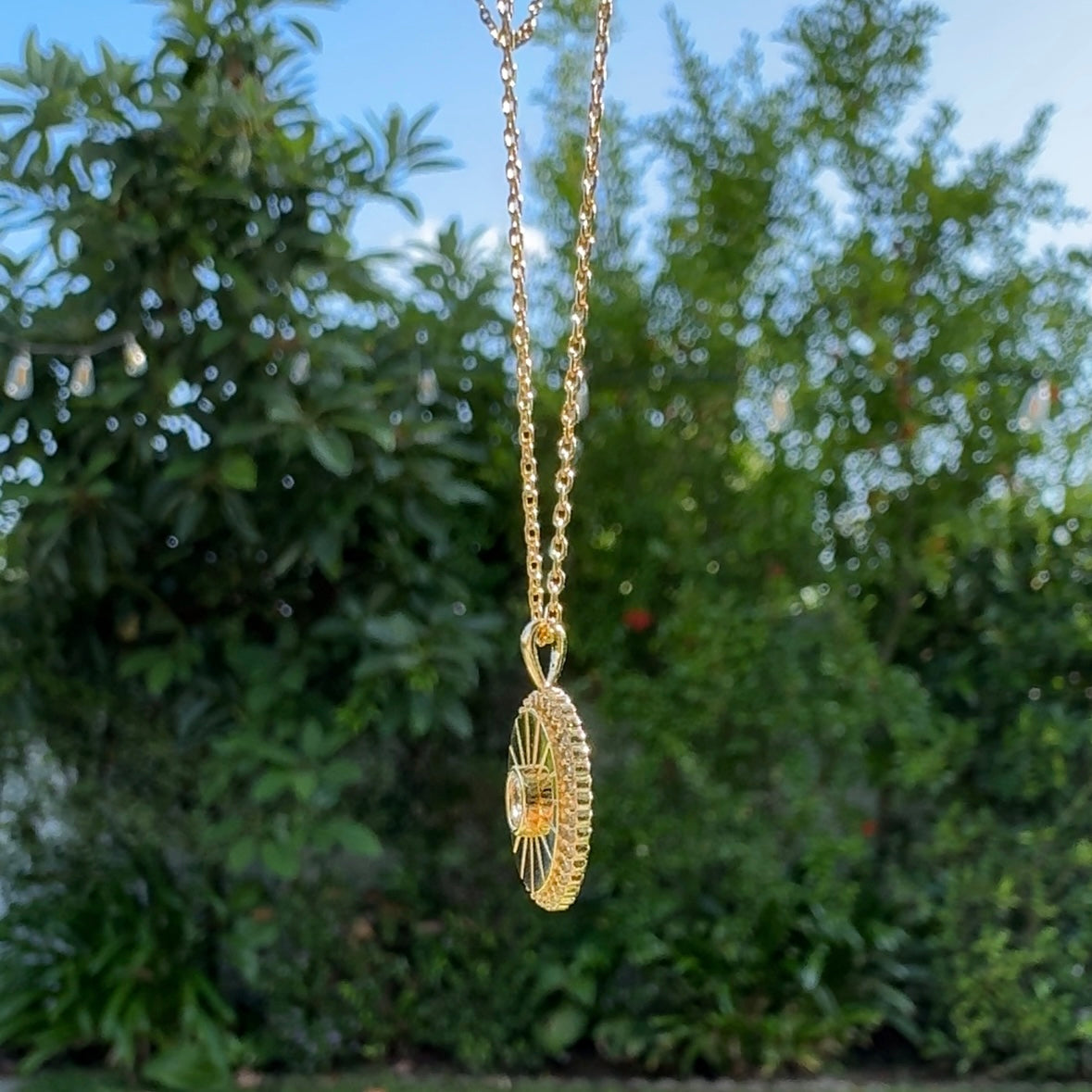 Oval Burst CZ Disc Pendant Necklace